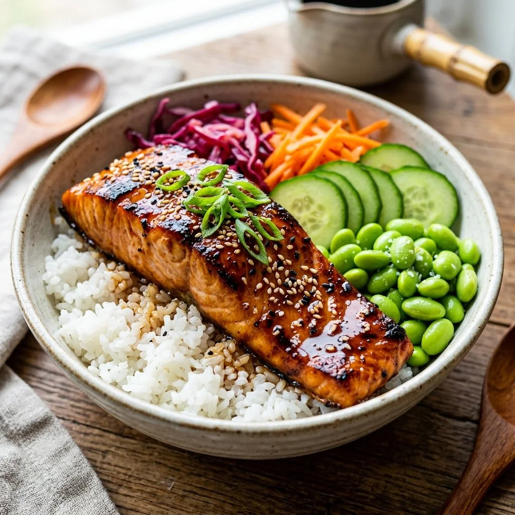 Delicious teriyaki salmon bowls with rice and vegetables