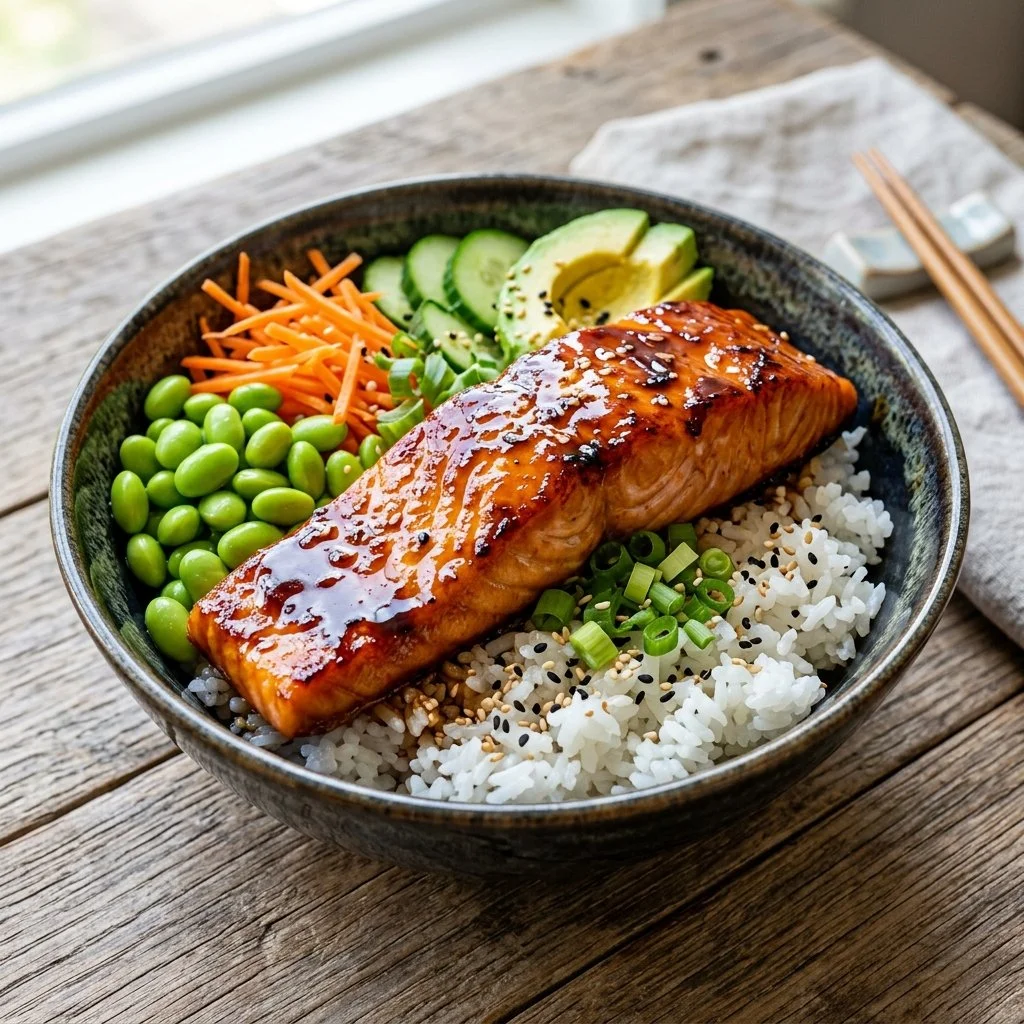 Bowl of teriyaki salmon served with rice and vegetables