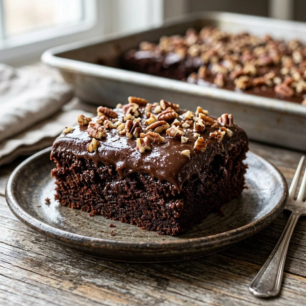 Deliciously rich Texas Sheet Cake topped with chocolate frosting