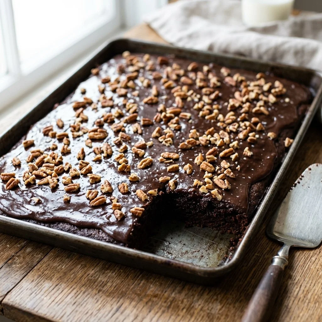 Delicious homemade Texas Sheet Cake ready to be served at a gathering.