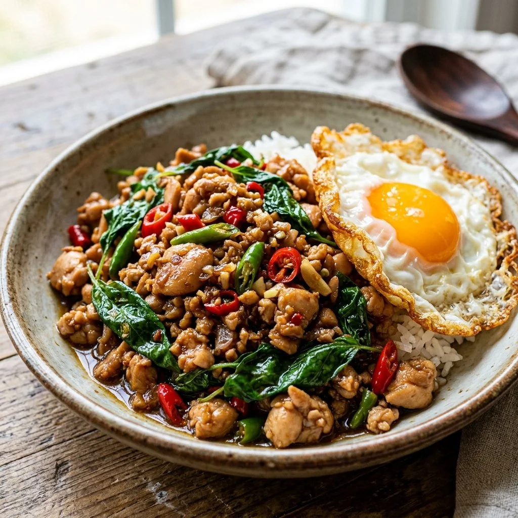 Plate of Thai Basil Chicken garnished with fresh basil leaves and chilies