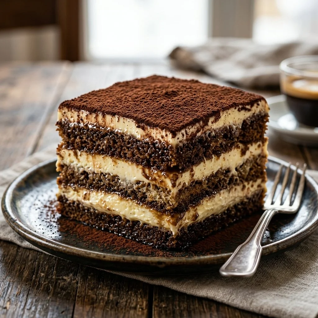 Delicious Tiramisu Layer Cake with coffee and mascarpone layers
