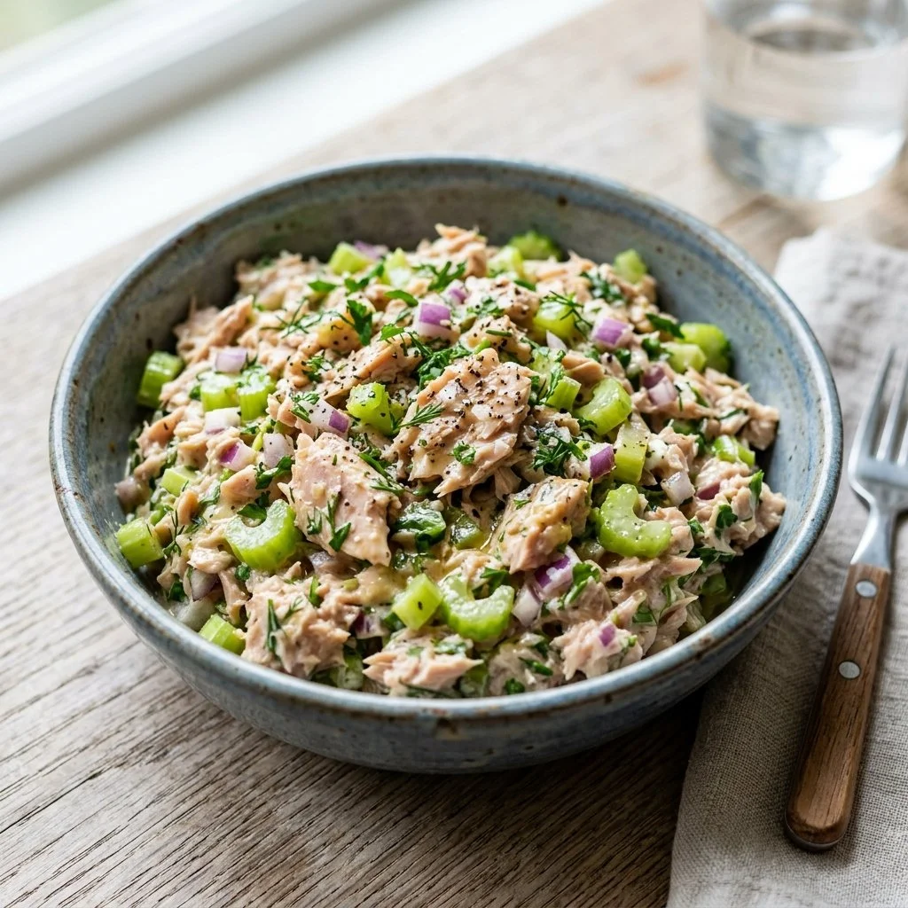 A vibrant bowl of homemade tuna salad garnished with vegetables and herbs.