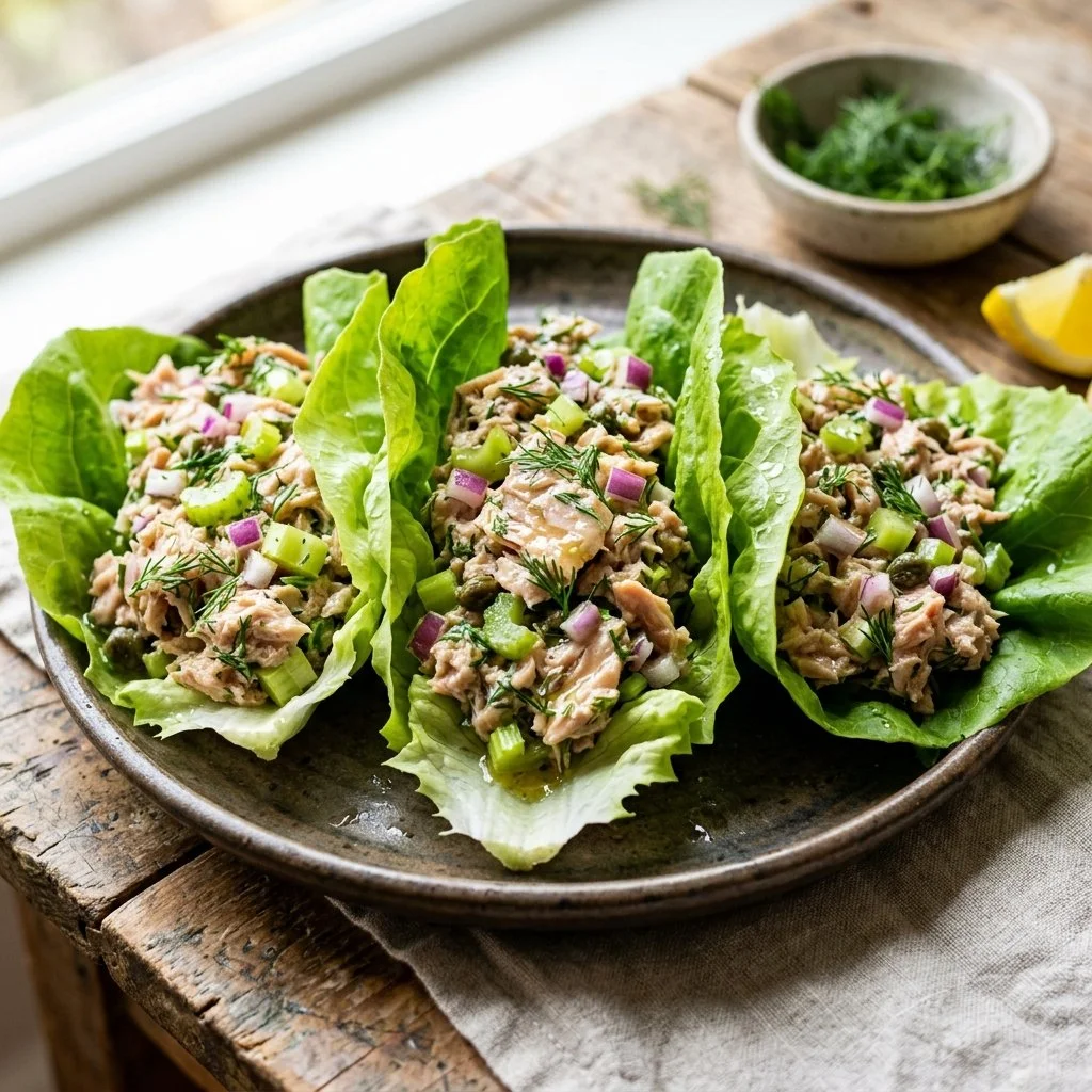 Tuna salad lettuce wraps filled with fresh vegetables and spices.