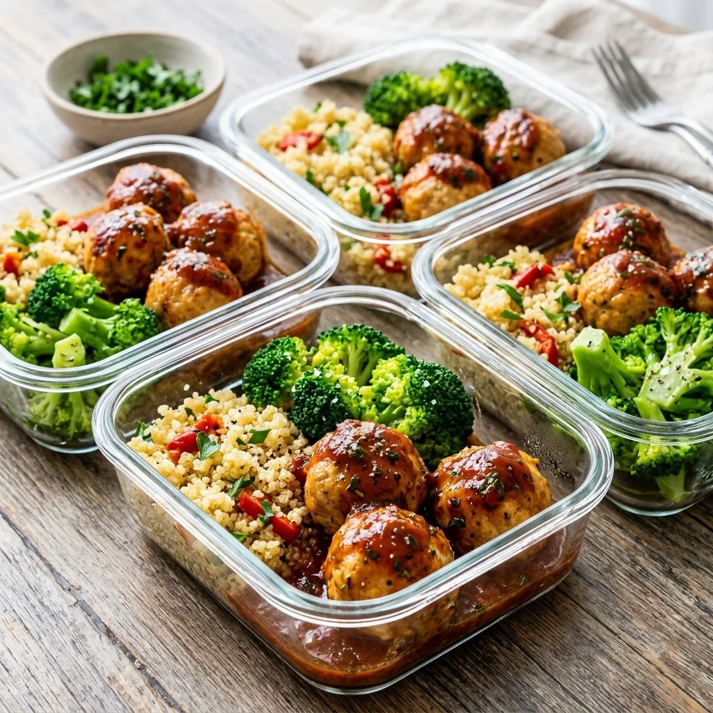 Healthy turkey meatballs ready for meal prep in meal containers.