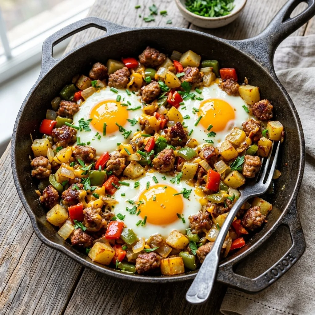 Turkey Sausage Breakfast Skillet featuring vegetables and seasonings in a skillet.