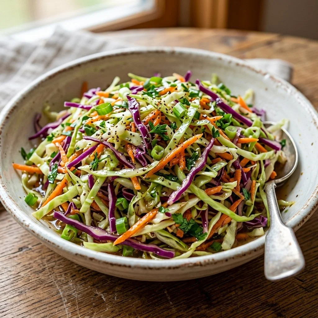 Vinegar based coleslaw with a mix of shredded cabbage and tangy dressing