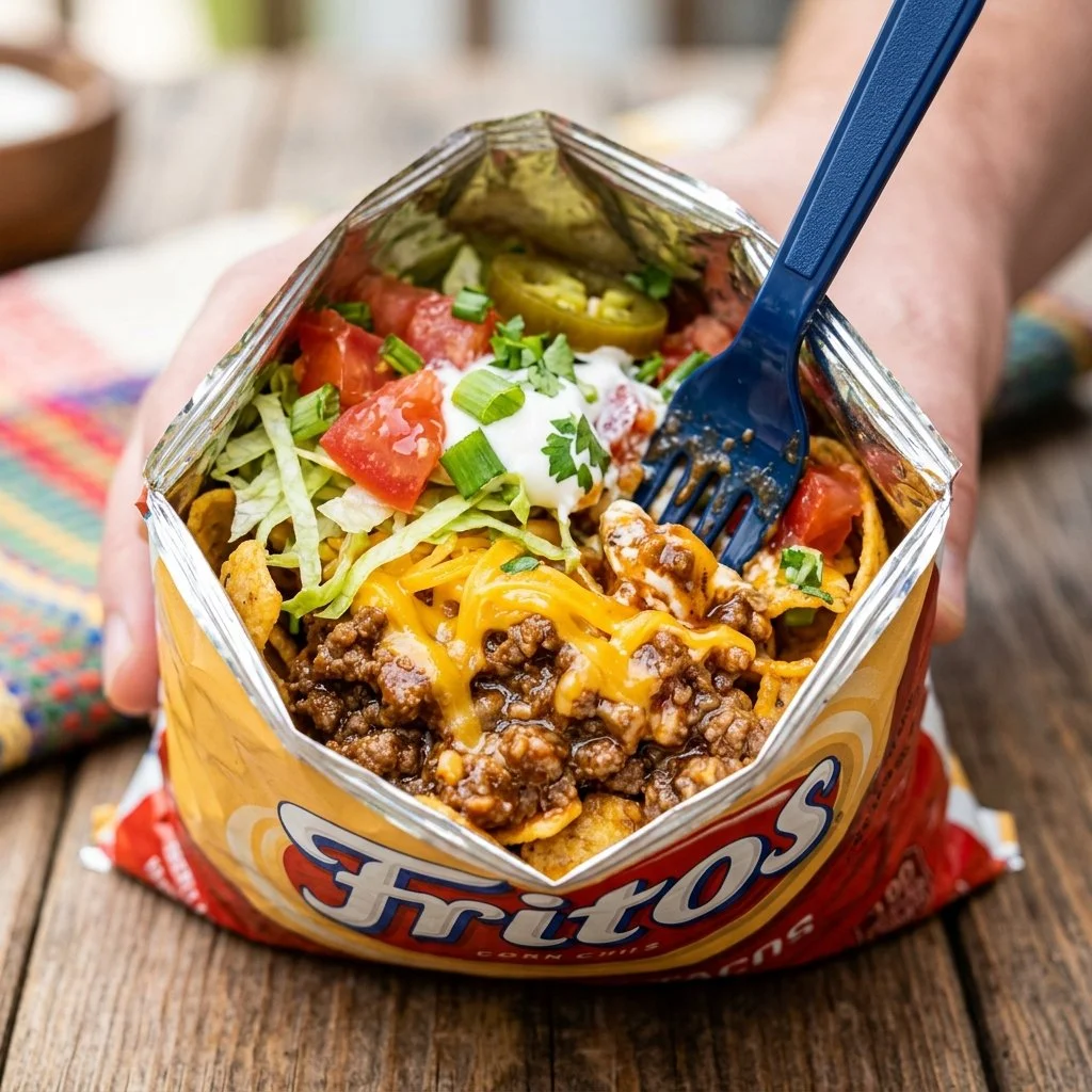 Delicious Walking Tacos served in individual bags with toppings.