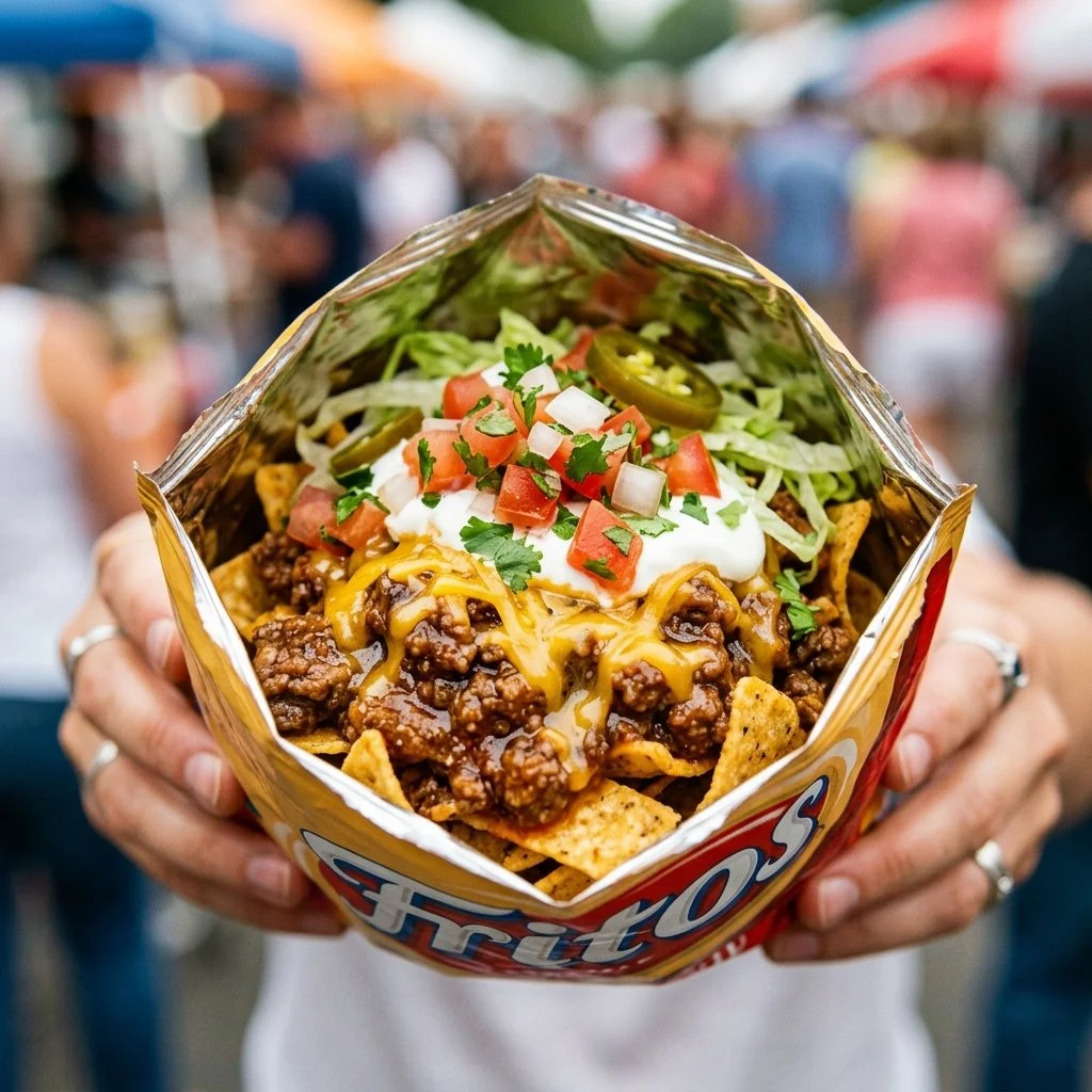 Delicious Walking Tacos served in a bag with toppings
