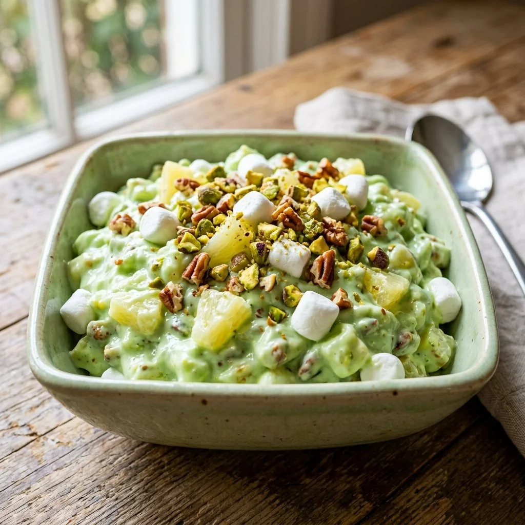 Bowl of Watergate Salad with marshmallows and pineapple