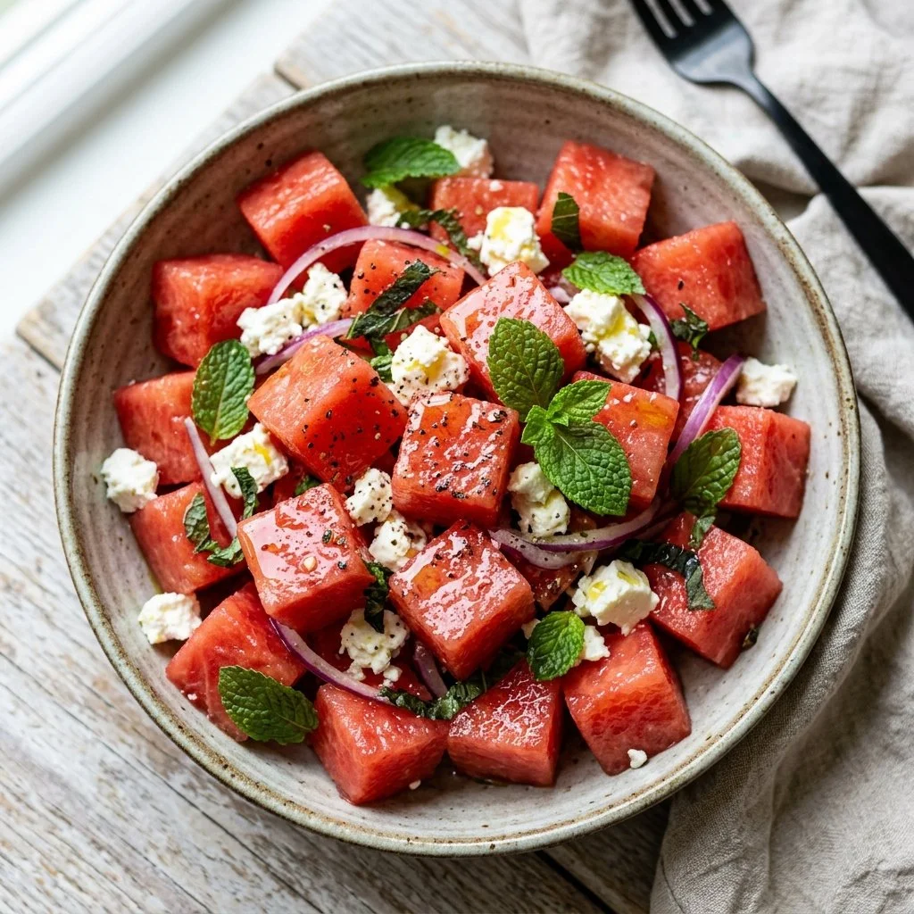 Delicious watermelon feta salad with mint and balsamic drizzle