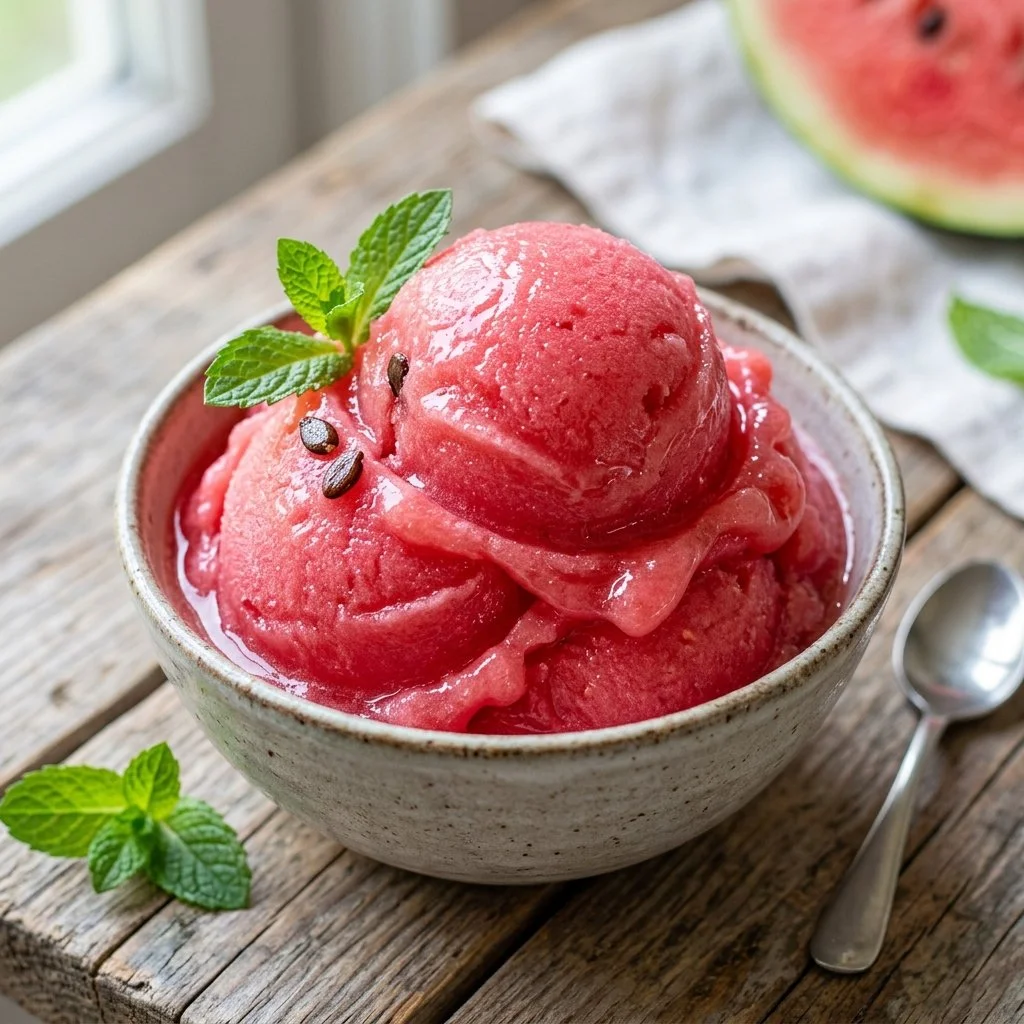 Bowl of refreshing watermelon sorbet garnished with mint leaves