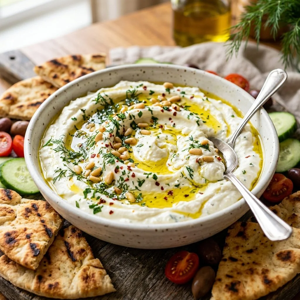 Creamy whipped feta dip served in a bowl with fresh herbs and pita bread.