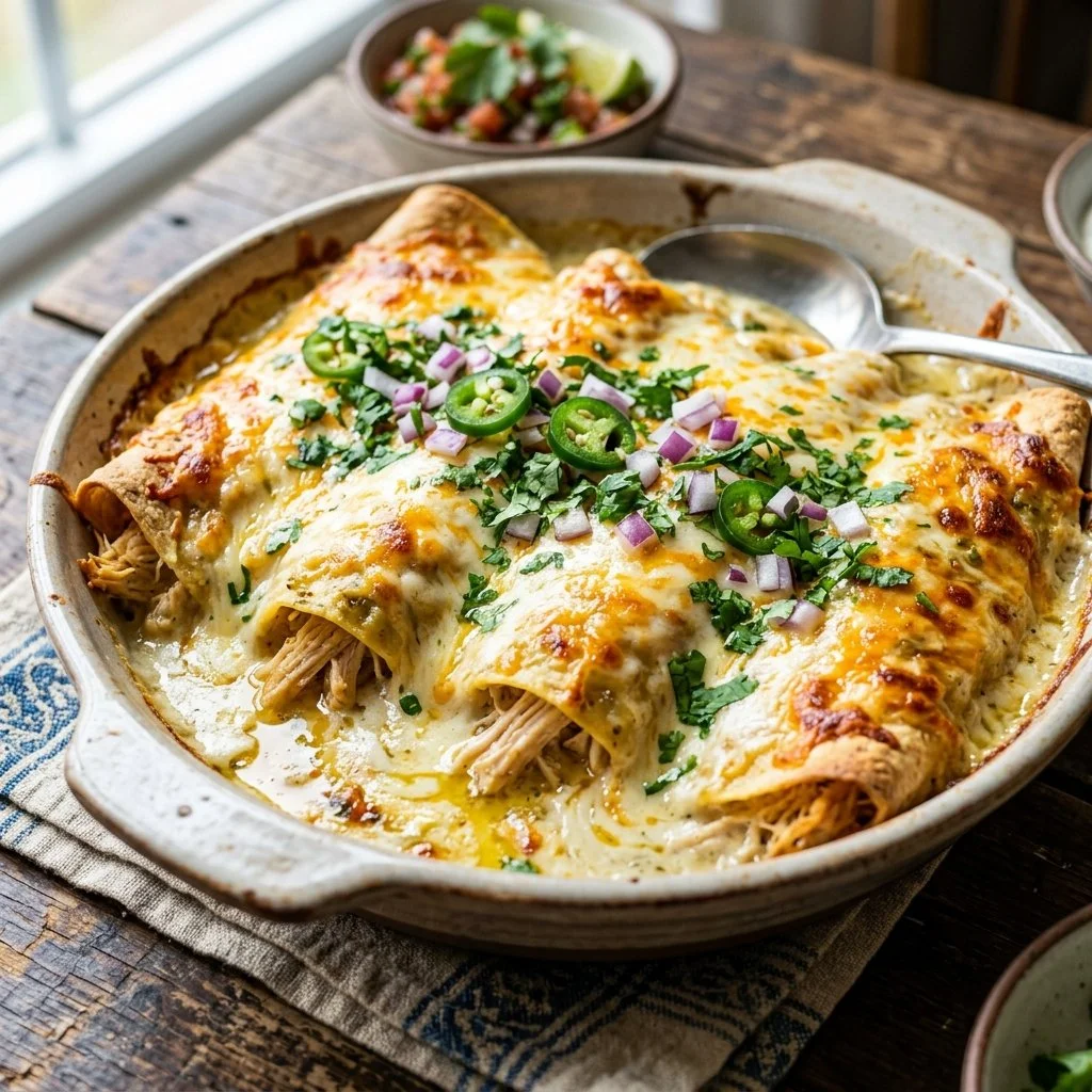 Delicious white chicken enchiladas topped with creamy sauce and cheese