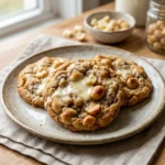 Freshly baked white chocolate macadamia nut cookies on a cooling rack.