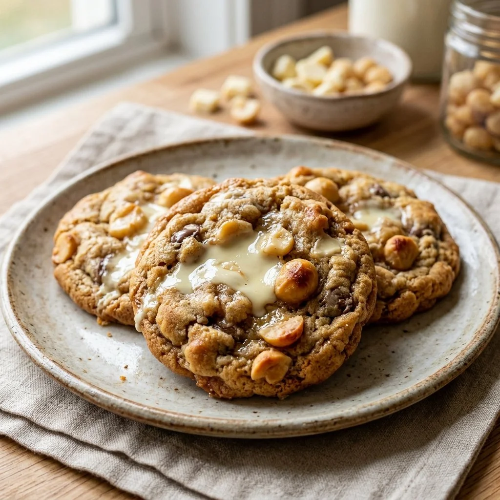 Freshly baked white chocolate macadamia nut cookies on a cooling rack.