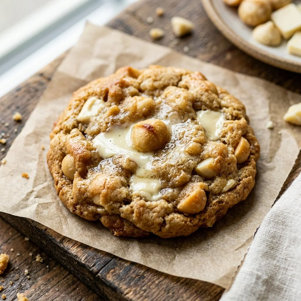 Delicious White Chocolate Macadamia Nut Cookies on a rustic wooden table