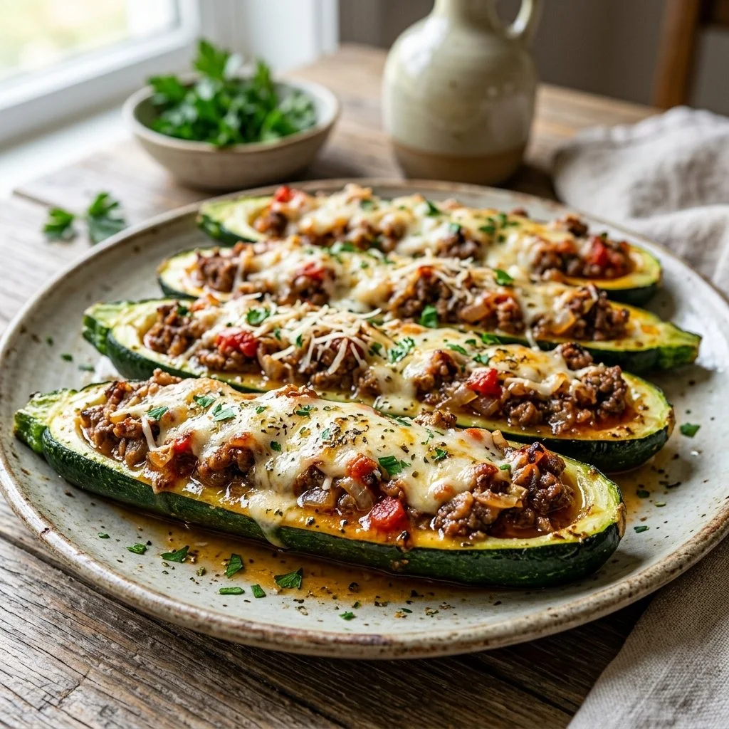 Baked zucchini boats stuffed with vegetables and cheese, a healthy meal option.