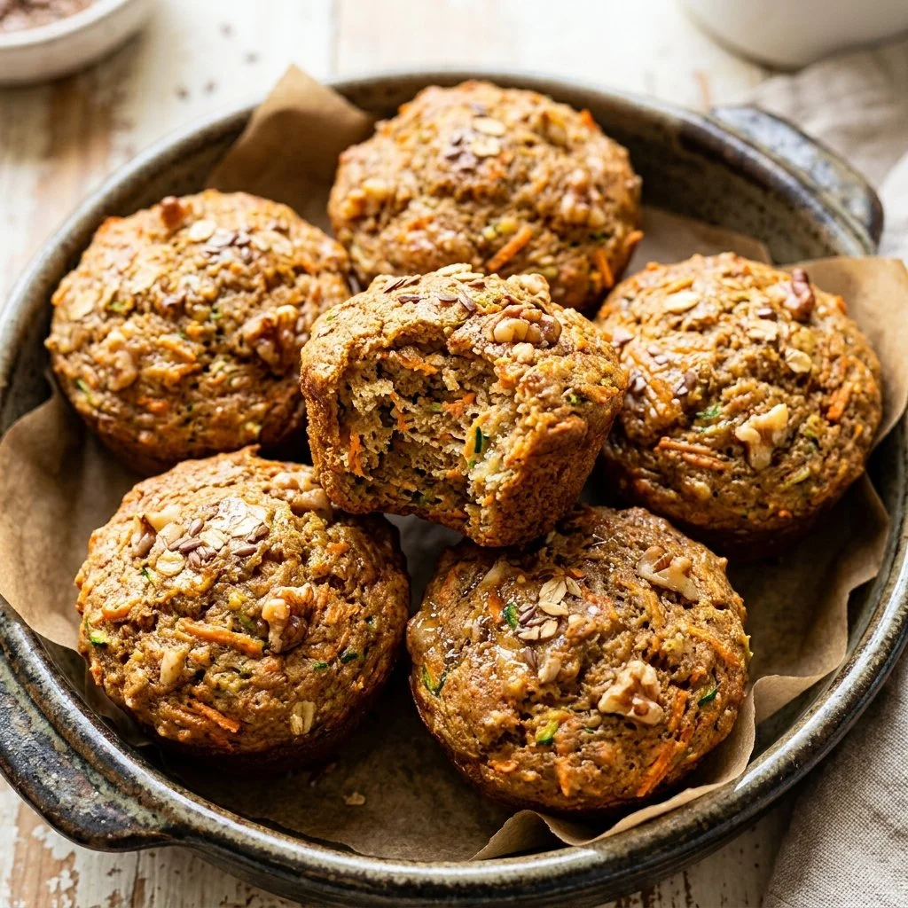 Delicious zucchini carrot muffins on a cooling rack, perfect for healthy snacking.