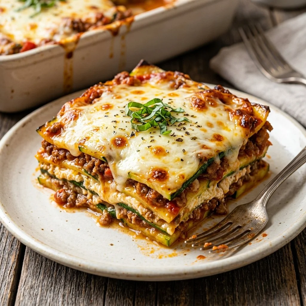 Delicious homemade Zucchini Lasagna served with fresh herbs and cheese