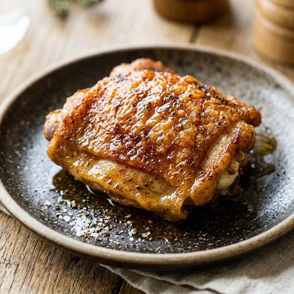 Crispy air fryer chicken thighs served on a plate with herbs