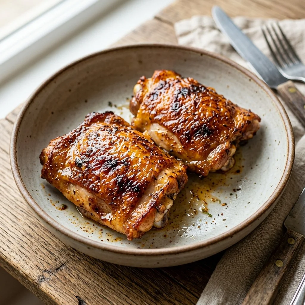 Crispy air fryer chicken thighs served with herbs and spices