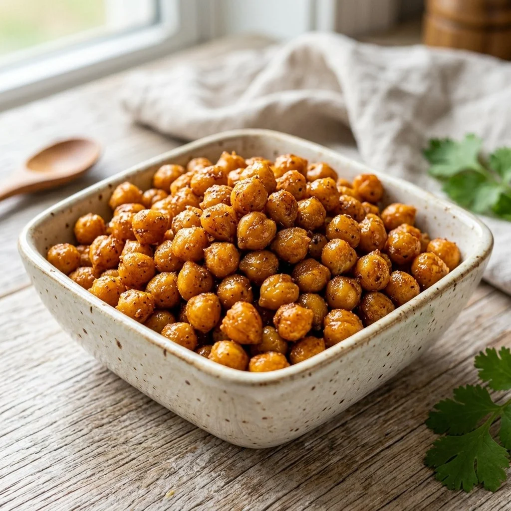 Crispy air fryer chickpeas served in a bowl, a healthy snack option.