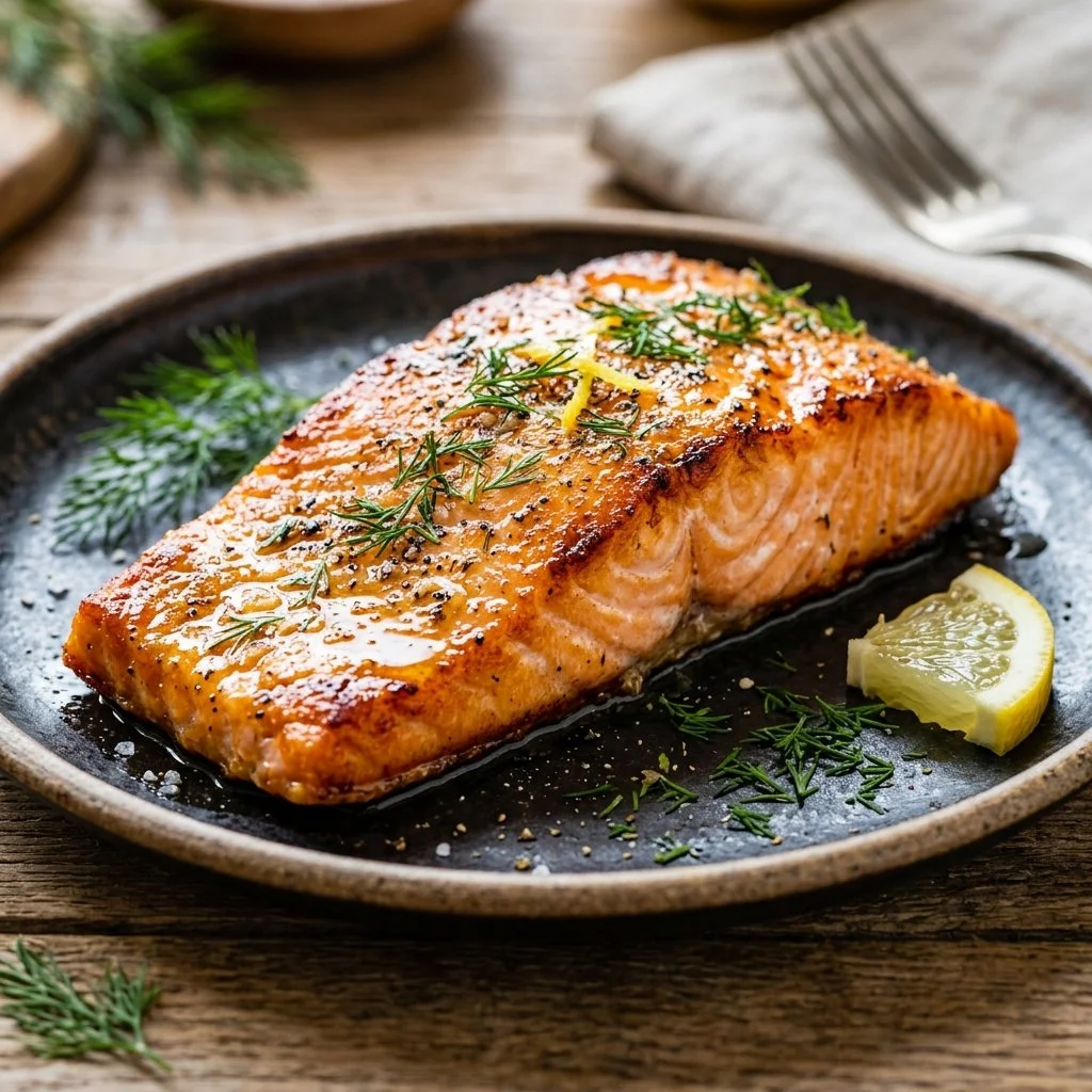 Crispy Air Fryer Salmon served with lemon and herbs
