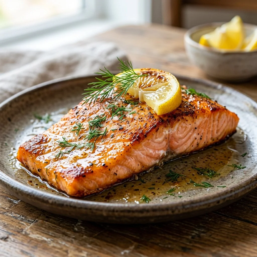 Deliciously cooked Air Fryer Salmon served on a plate with vegetables