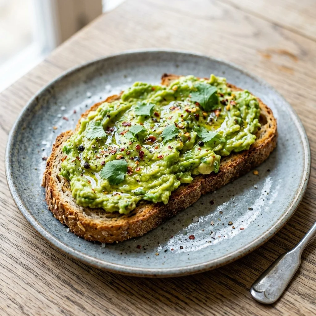 Delicious avocado toast topped with sliced tomatoes and seeds on whole grain bread.