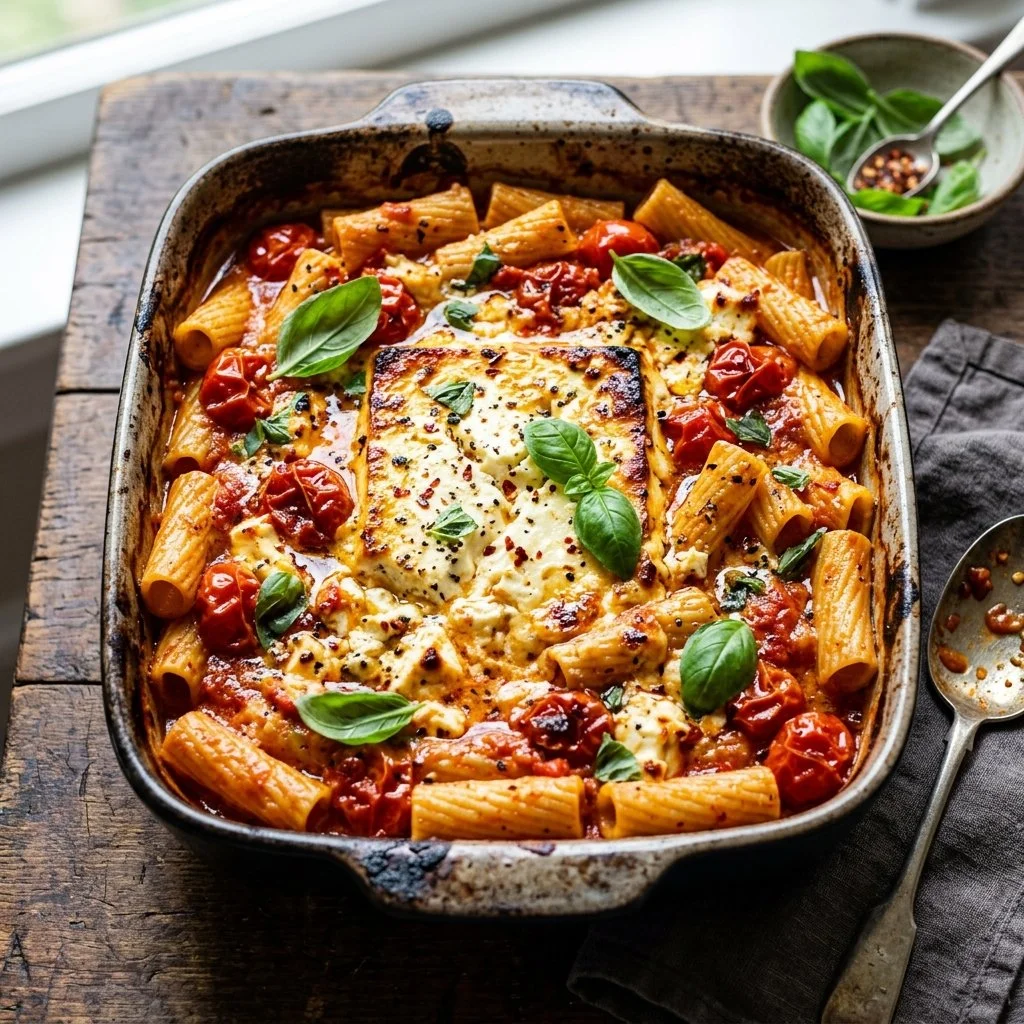 A bowl of creamy baked feta pasta with tomatoes and herbs