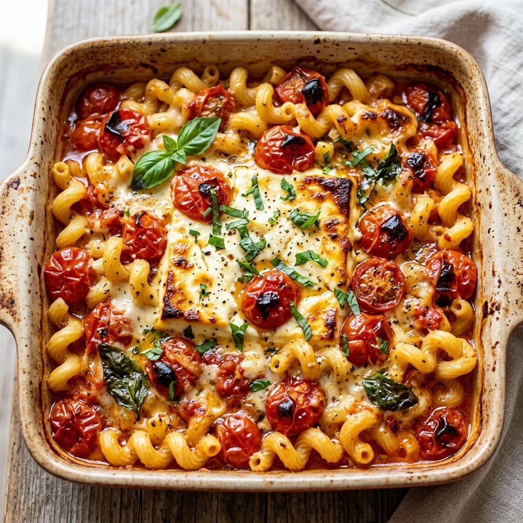 Creamy baked feta pasta with tomatoes and herbs ready to serve