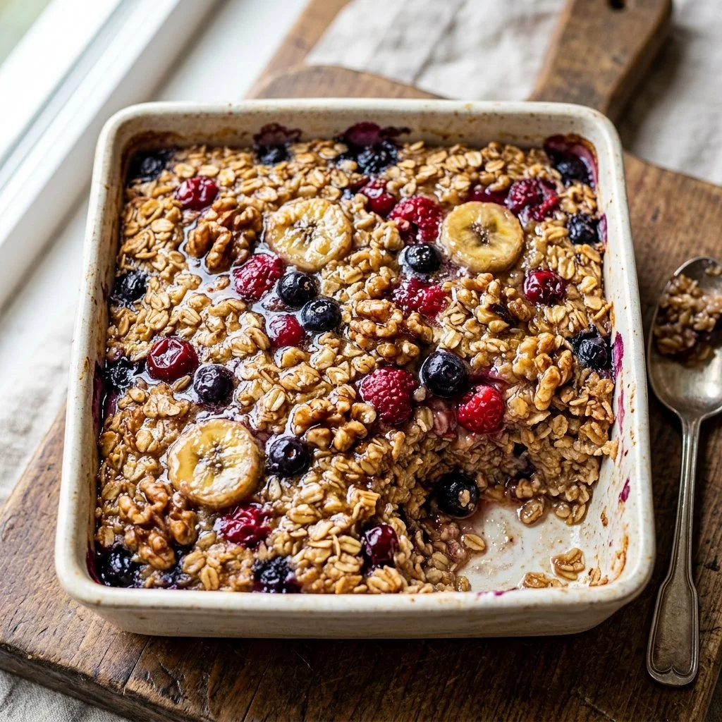Delicious baked oatmeal topped with berries served in a rustic dish.