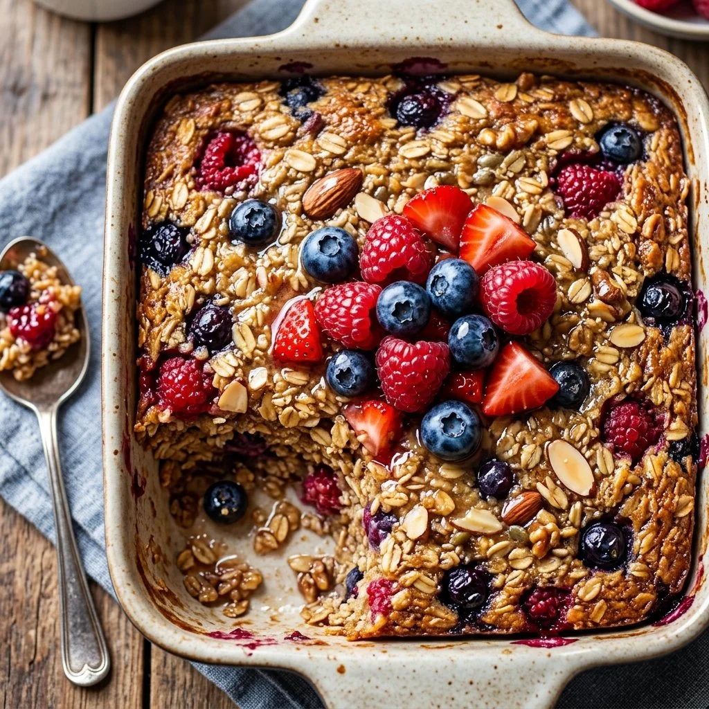 Delicious baked oatmeal topped with fruits and nuts in a serving dish