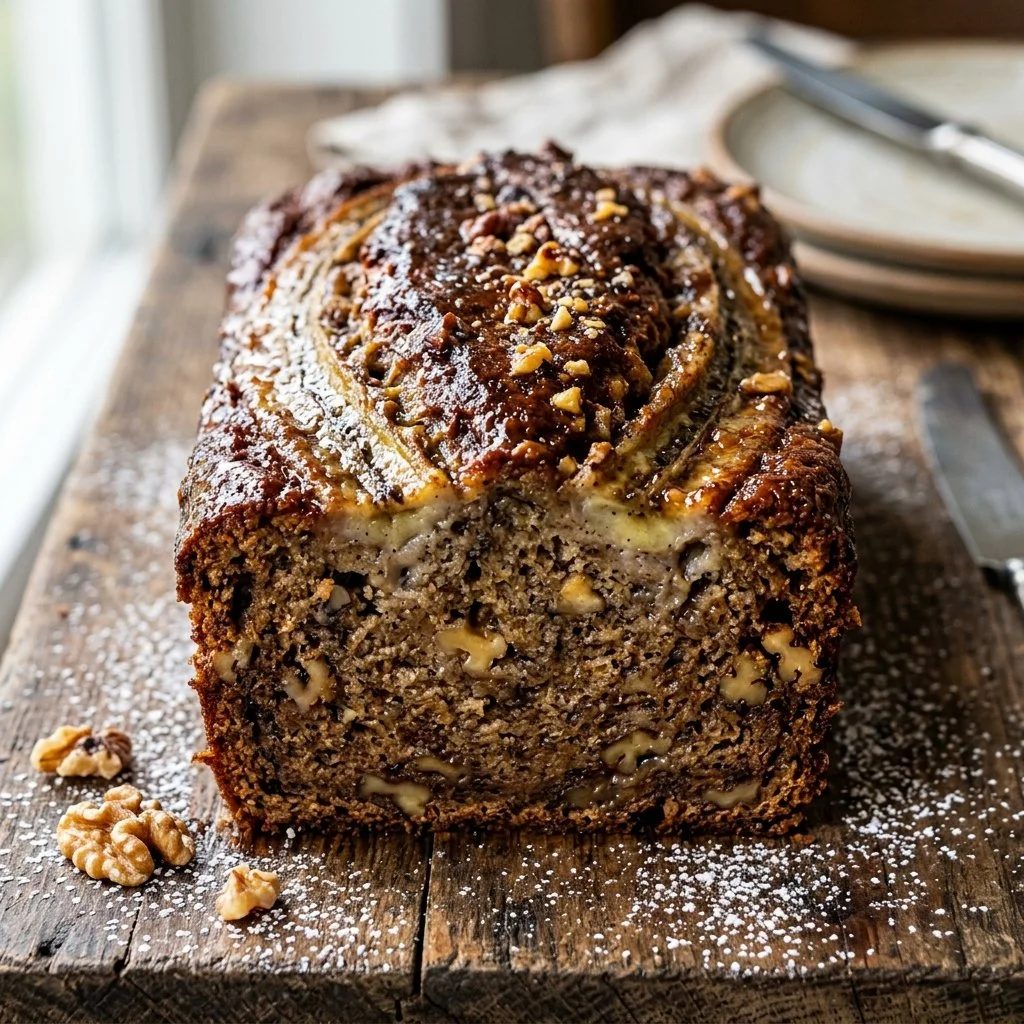 Freshly baked banana bread loaf with banana slices on top