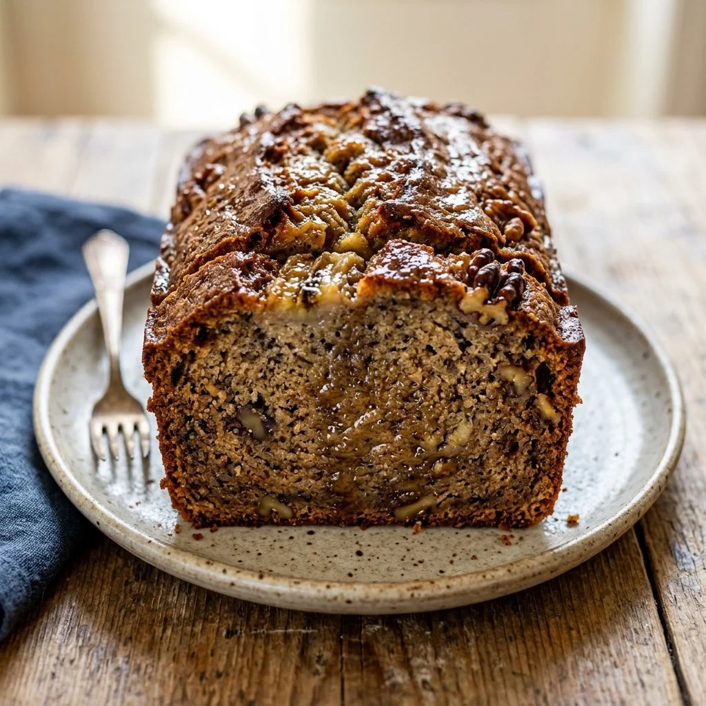 Loaf of freshly baked banana bread with sliced bananas on top