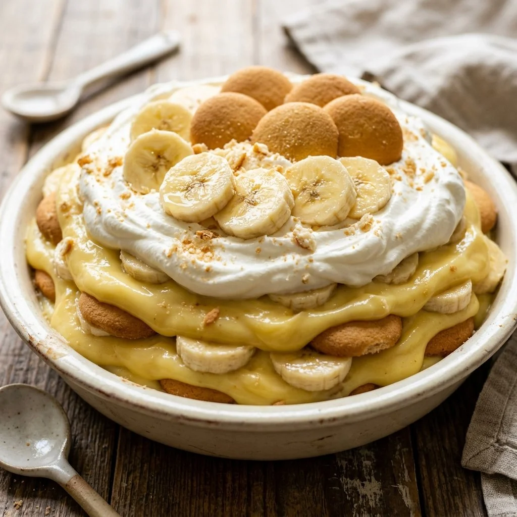 Delicious homemade banana pudding served in a glass dish with fresh bananas