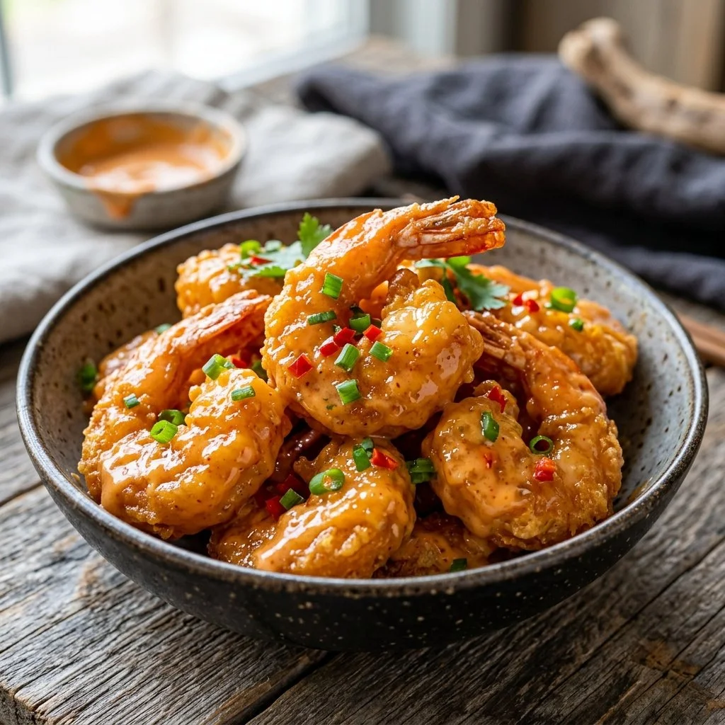 Plate of crispy Bang Bang Shrimp with a spicy sauce