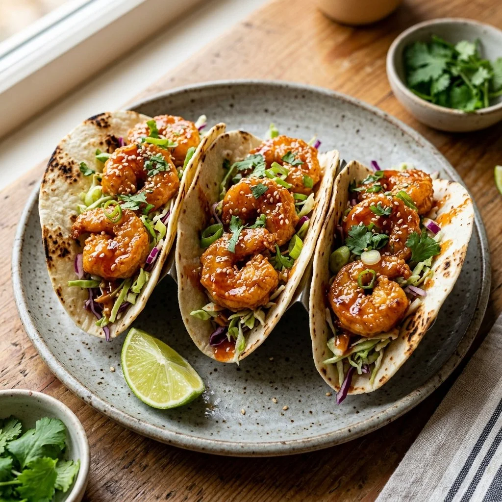 Plate of Bang Bang Shrimp Tacos topped with fresh ingredients