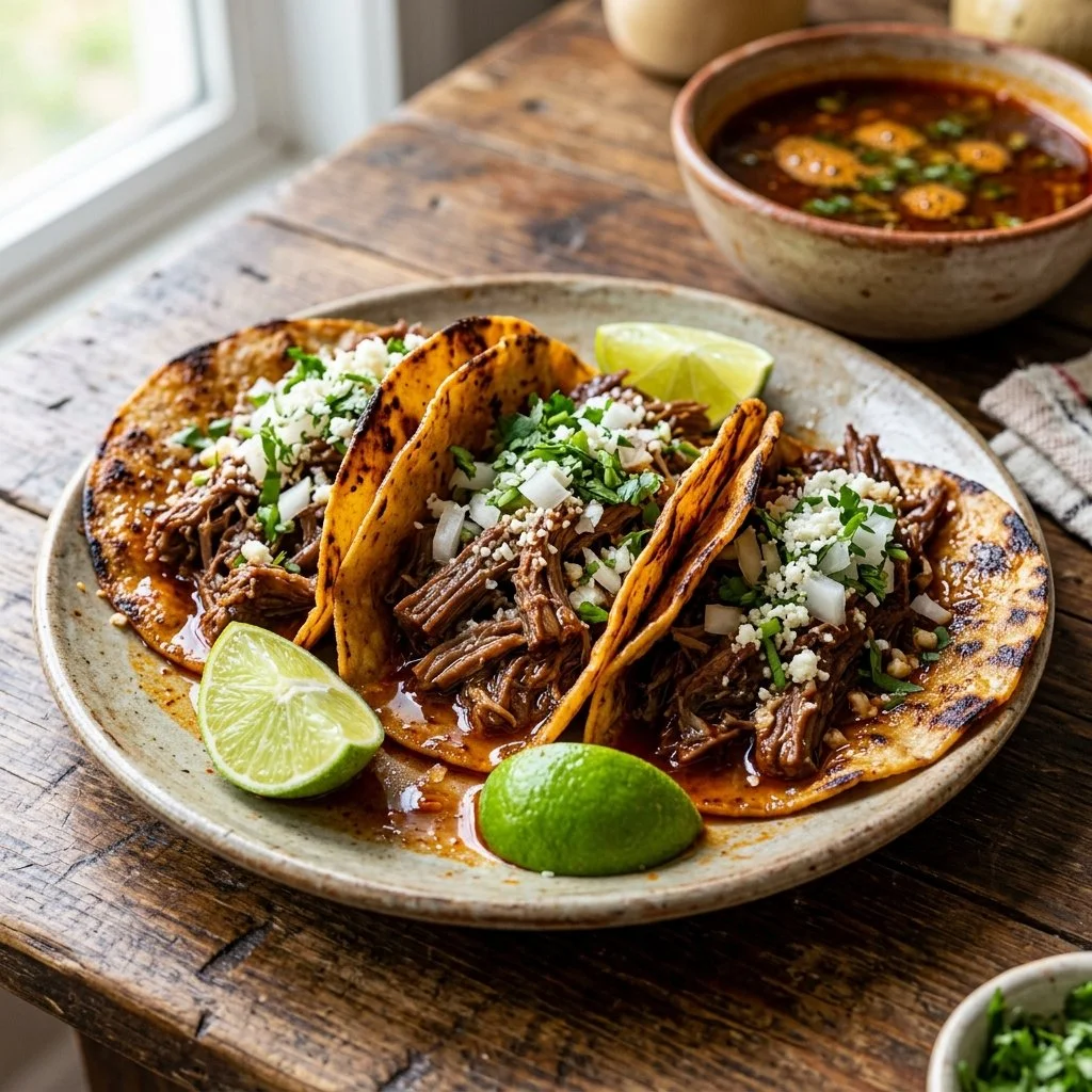 Deliciously cooked Birria Tacos served with rich consommé and fresh toppings.
