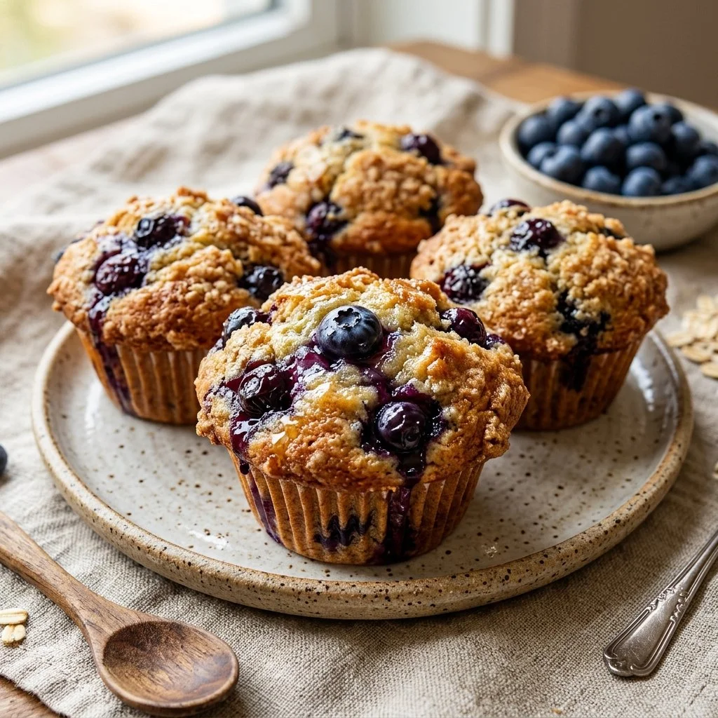 Freshly baked blueberry muffins with blueberries on top