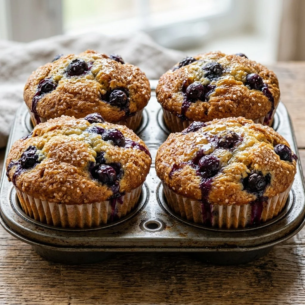 Freshly baked blueberry muffins with plump blueberries on a cooling rack.