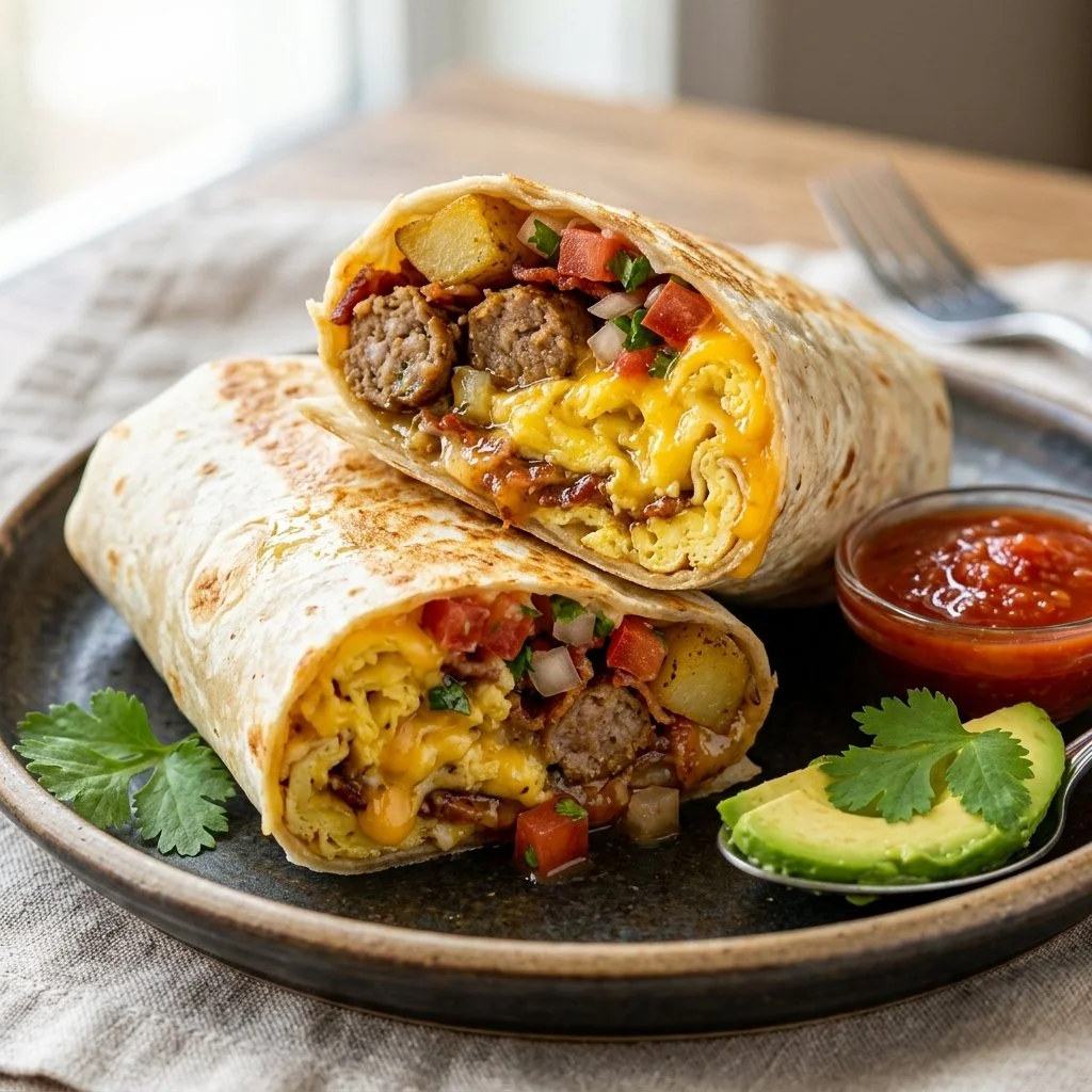 Delicious breakfast burrito filled with eggs, cheese, and vegetables