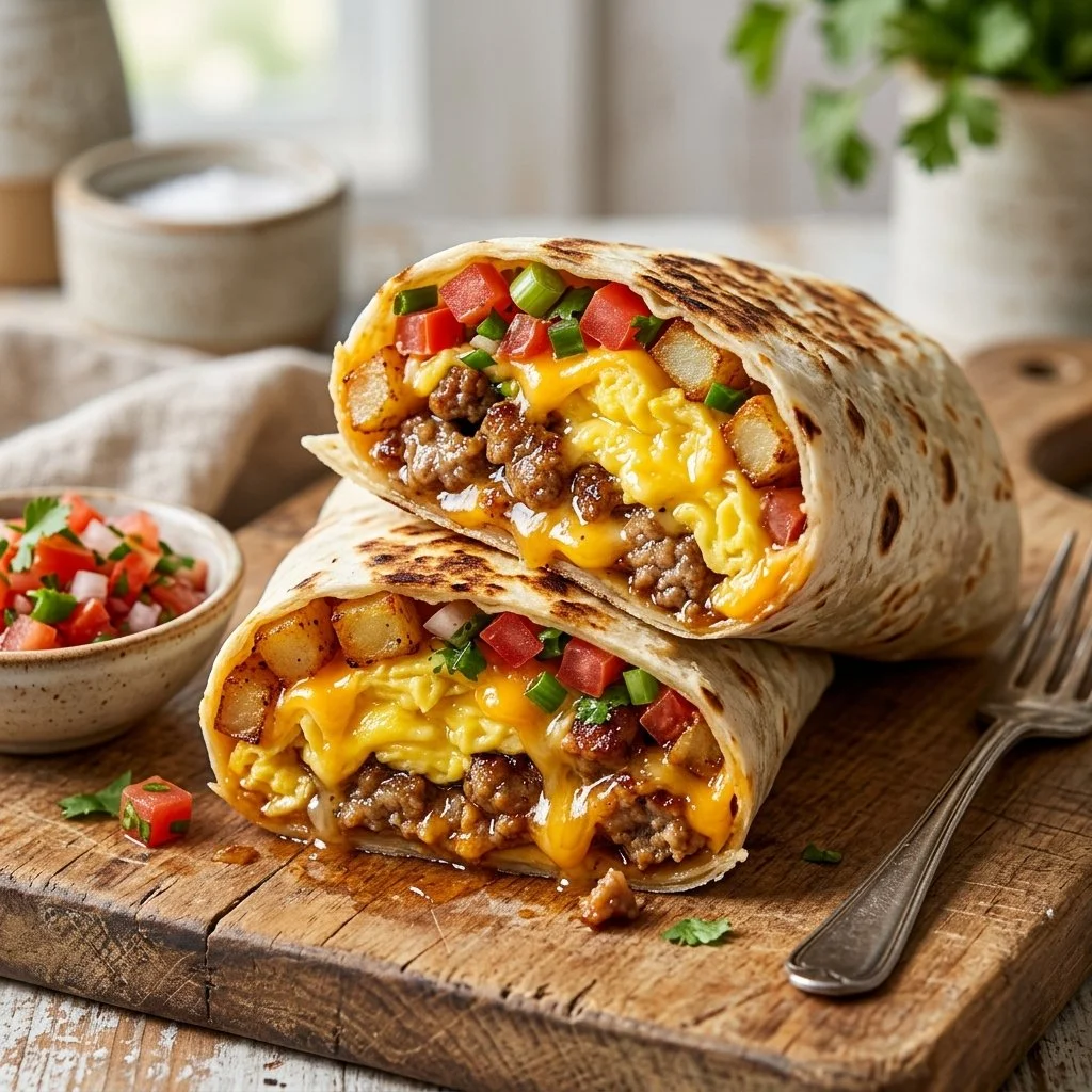 Delicious breakfast burritos served with fresh ingredients and vibrant toppings.