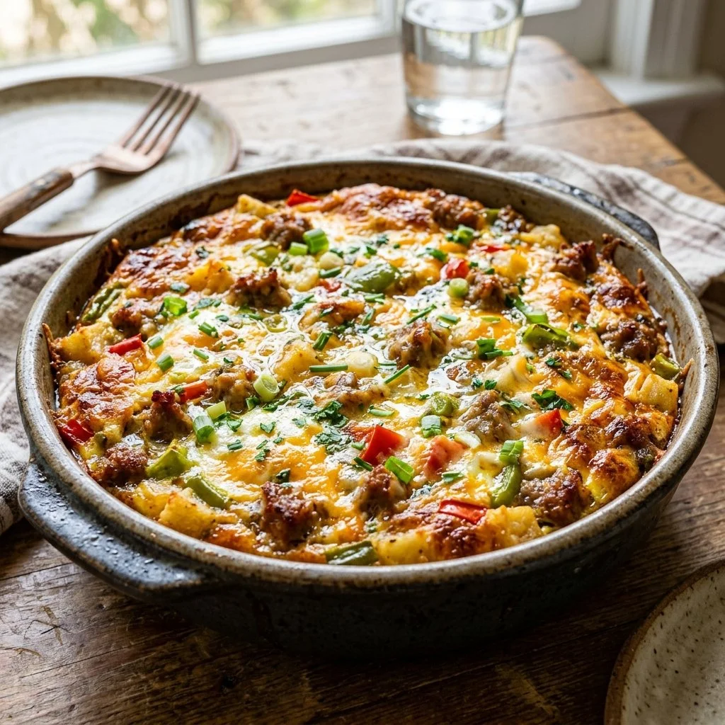 Delicious breakfast casserole served with fresh ingredients and herbs