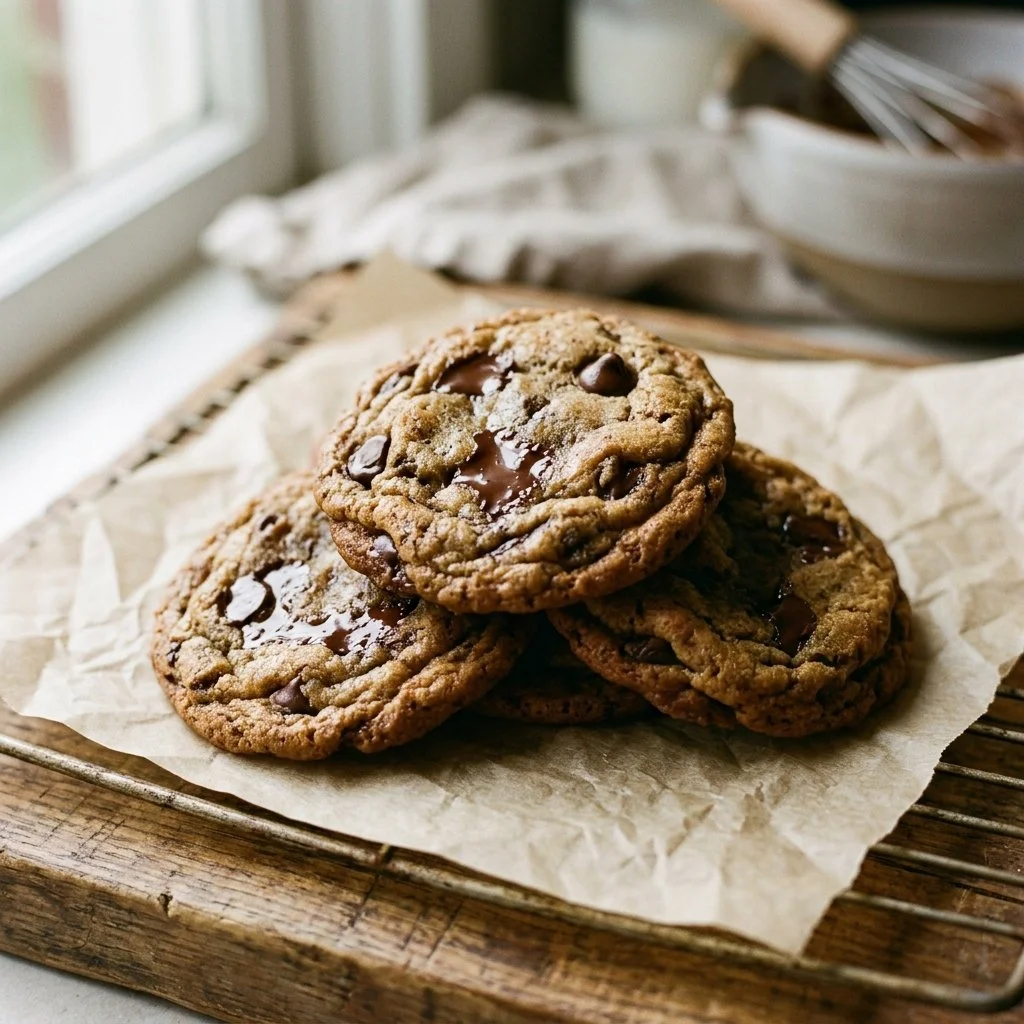 Freshly baked brown butter chocolate chip cookies on a cooling rack