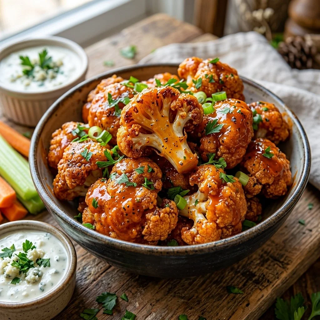 Plate of crispy Buffalo Cauliflower Wings served with dipping sauce