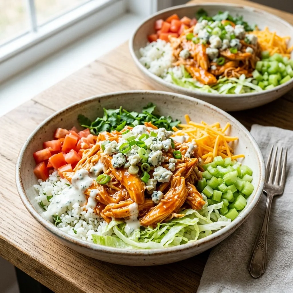 Delicious Buffalo Chicken Bowl topped with fresh ingredients