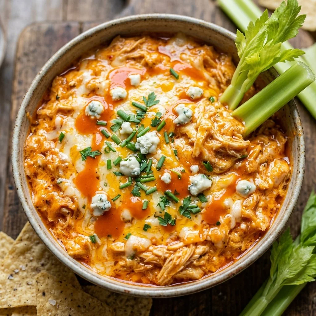 Buffalo Chicken Dip served in a bowl with tortilla chips on the side