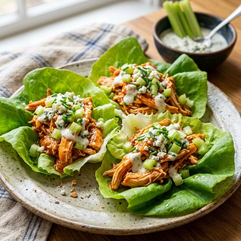 Buffalo Chicken Lettuce Wraps served on a plate with vegetables